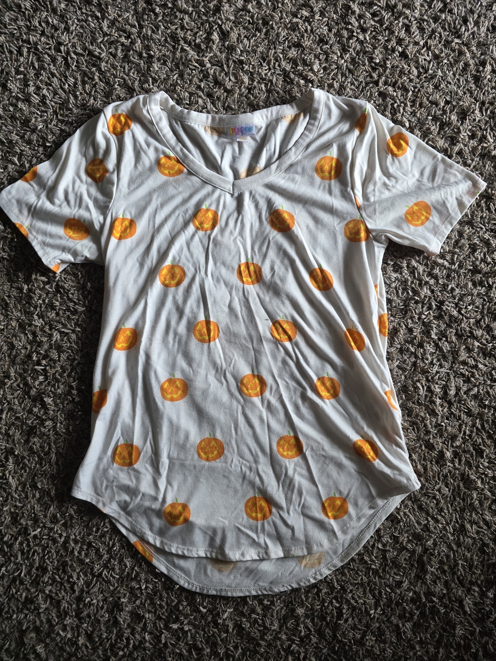 LuLaRoe White V-Neck Tee with Orange Jack-O'-Lantern Dot Print